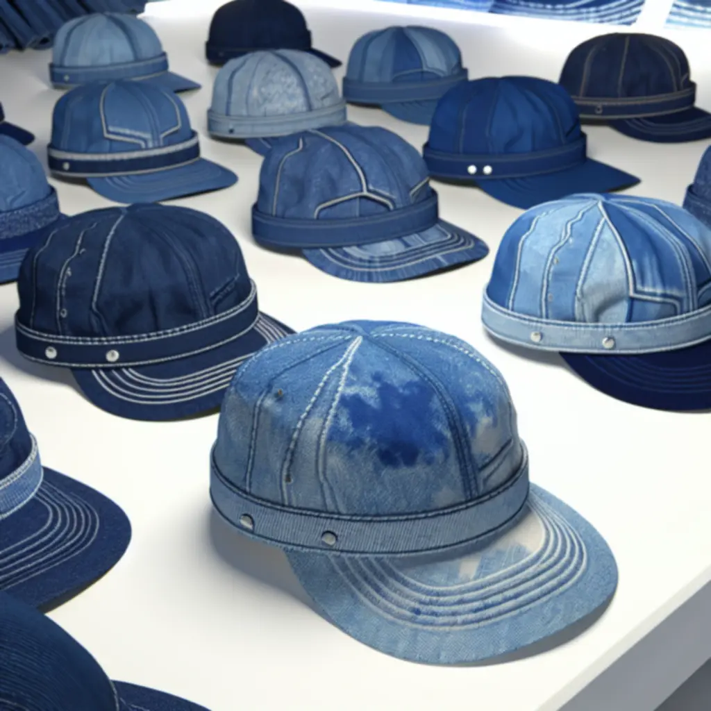 Czapki z jeansu w odcieniach indygo i denimu na białym stole