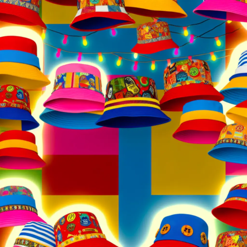 Kolorowe czapki i bucket hat z festiwalowymi naszywkami i printami