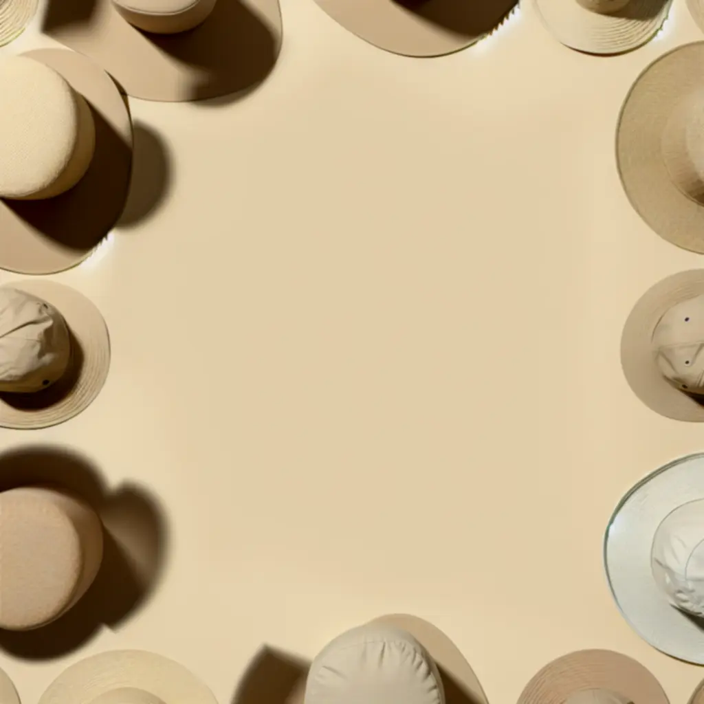 Beżowe bucket hat i czapki w minimalistycznym układzie na tle piaskowym