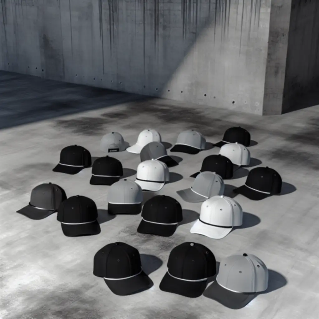 Urbanistyczna kompozycja czapek: czarne i białe bejsbolówki na tle betonu