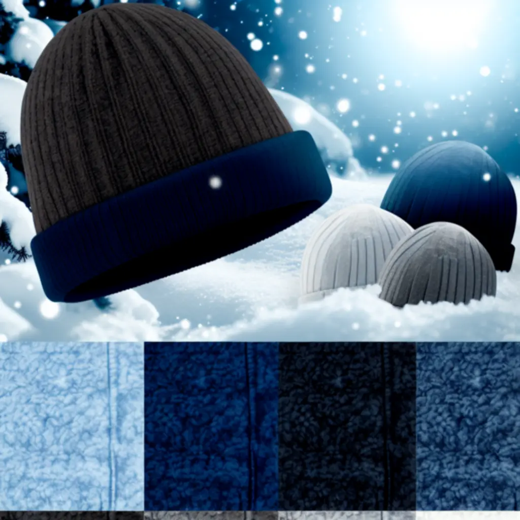 Ciepłe, ocieplane czapki w kolorach grafitu i granatu na tle śnieżnym