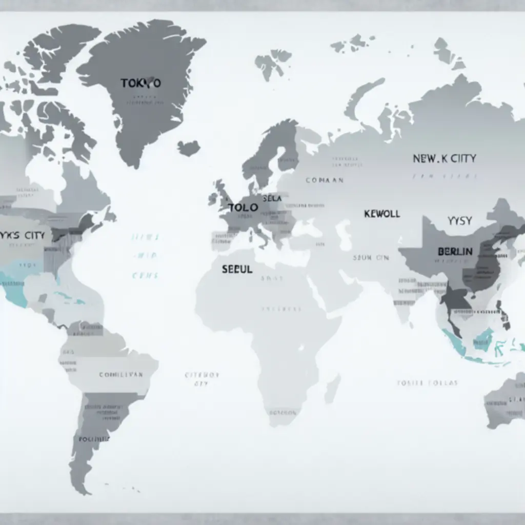 Mapa świata z zaznaczonymi stolicami streetwearu: Tokio, Seul, Nowy Jork, Berlin