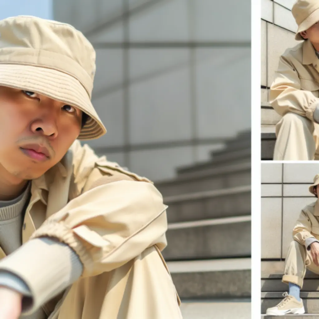 Piaskowy bucket hat z kurtką cargo