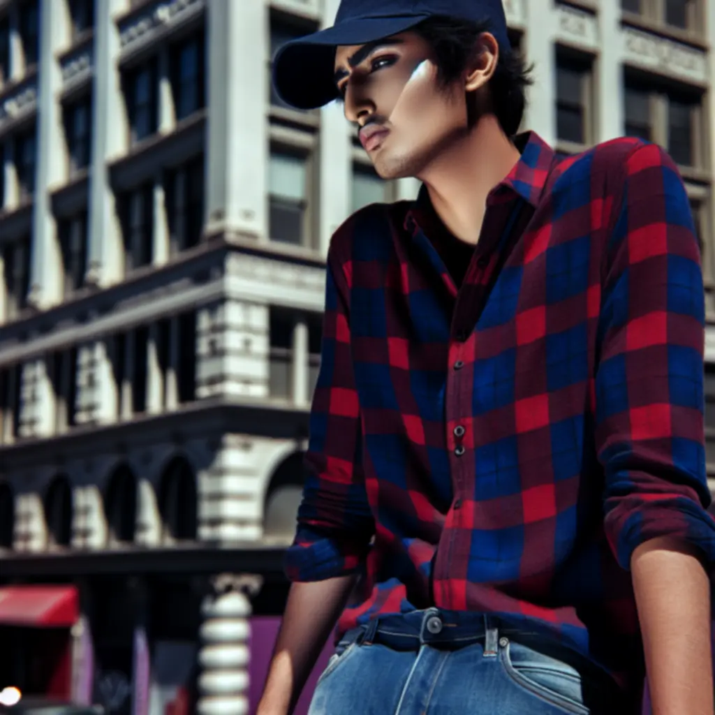 Flanelowa koszula w kratę i granatowa czapka z daszkiem