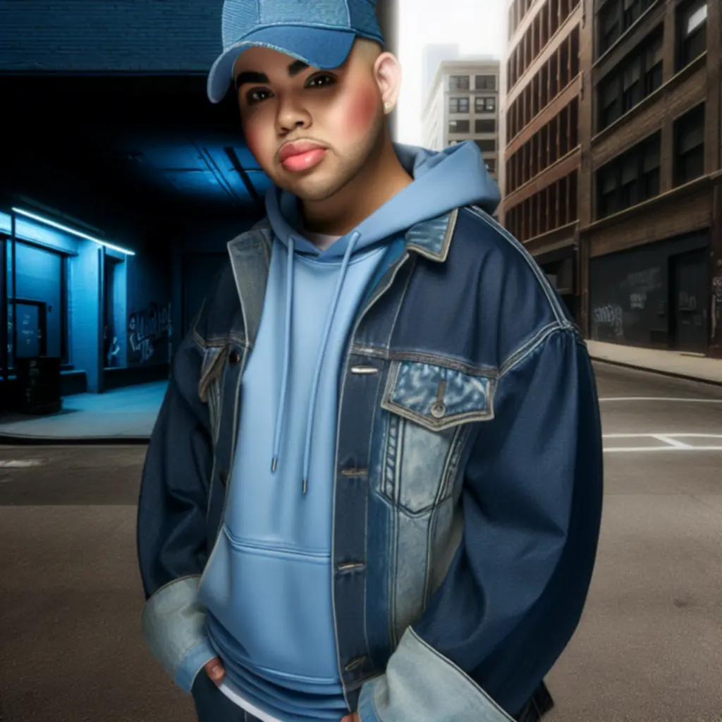 Denimowa czapka z daszkiem zestawiona z kurtką jeansową