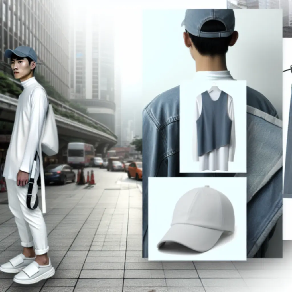 Model w miejskiej czapce w kolorze denim blue, minimalistyczny look